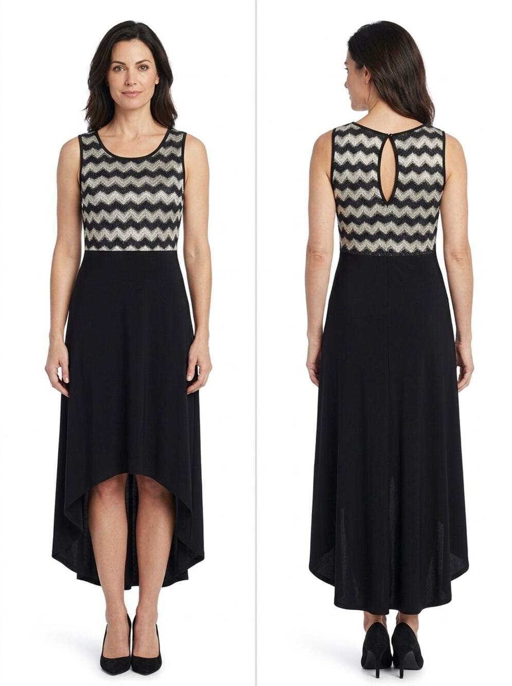 Monaco Made in USA Black Chevron Metallic High-Low Dress Women Size S